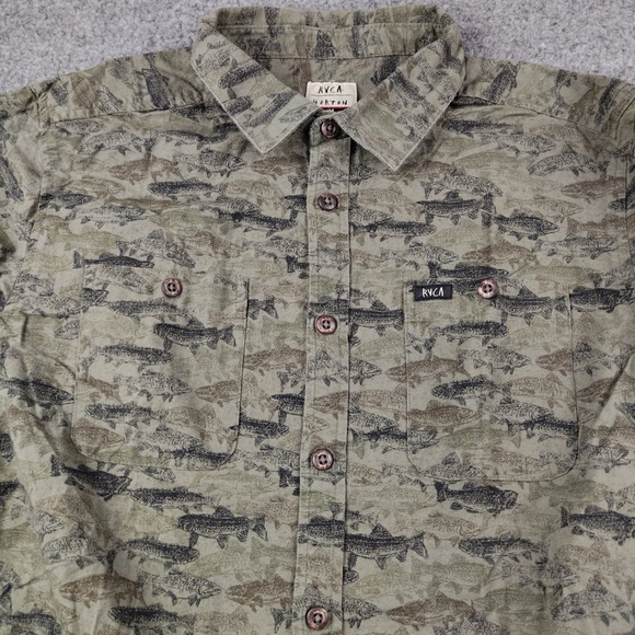 RVCA Other - RVCA Shirt Mens Medium Horton Fish Trout Print Olive Green Button Up